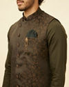 alt message - Manyavar Men Olive Green Bel Buti Patterned Kurta Jacket Set image number 1